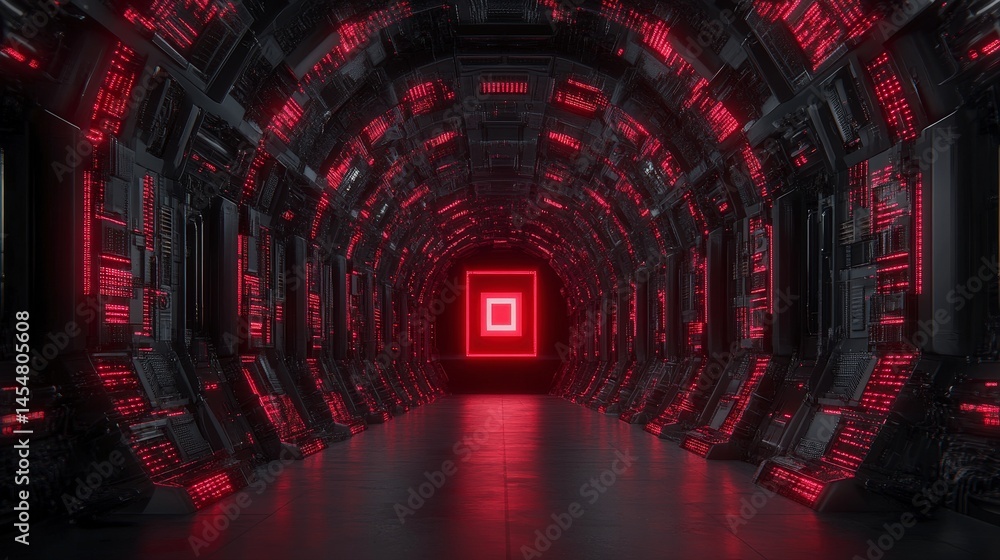 Aufkleber futuristic red neon corridor digital data flow tech tunnel abstract background