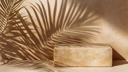 Beige Sandstone Podium on Natural Surface with Palm Leaf Shadow
