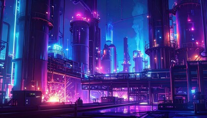 Vibrant Neon Industrial Scene with Futuristic Urban Elements