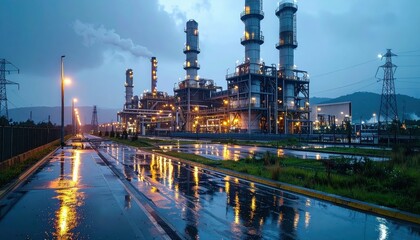 Fototapeta premium Industrial Complex at Dusk with Reflections on Wet Pavement