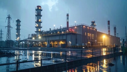 Fototapeta premium Nighttime Industrial Power Plant with Rain and Electric Lights