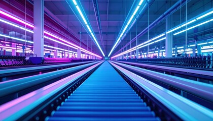 Futuristic Warehouse with Neon Lighting and Conveyor Belt Perspective