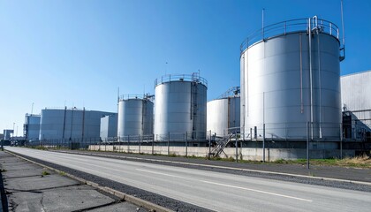 Obraz premium Industrial Landscape with Large Storage Tanks Against Clear Blue Sky