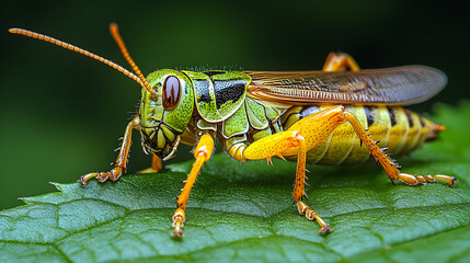 Insect with segmented body and antennae resting on a fresh green leaf