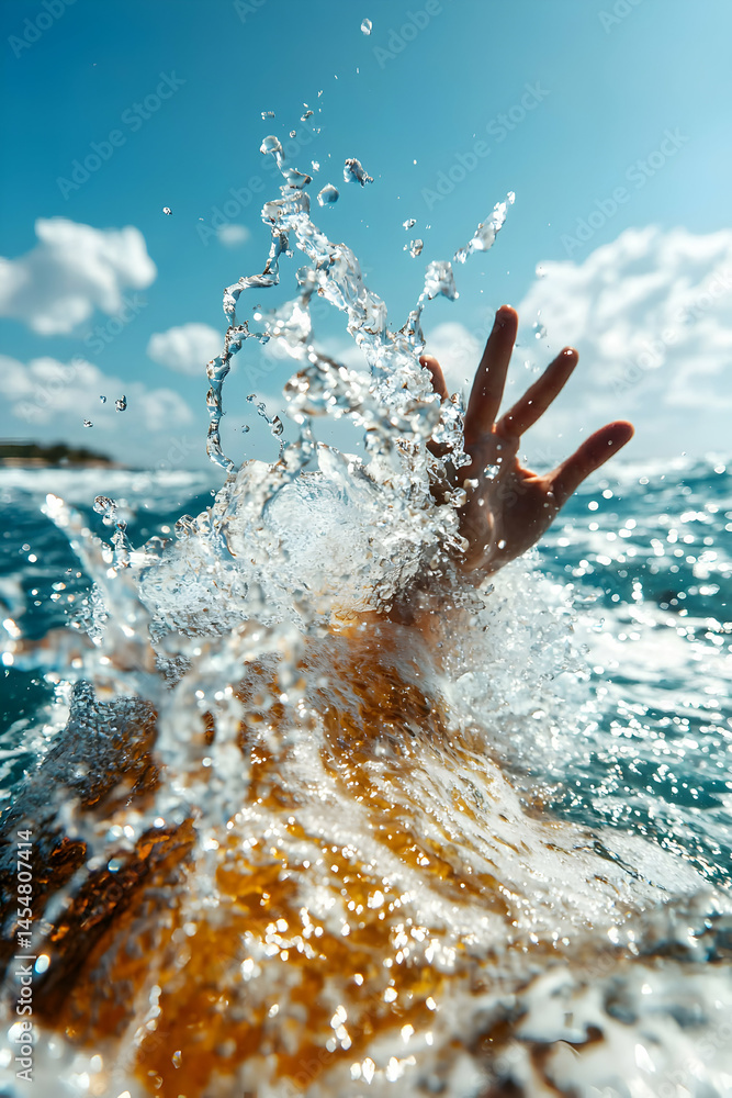 Poster dynamic image capturing a hand breaking through water splashes. great for illustrating themes of fre