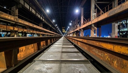 Industrial Night Scene with Railroad Tracks and Steel Structures