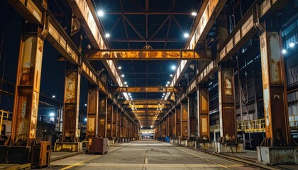 Naklejka premium Industrial Warehouse Interior with Rusty Beams and Overhead Lights
