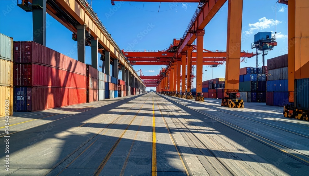Poster container terminal view with cranes and shipping containers at port