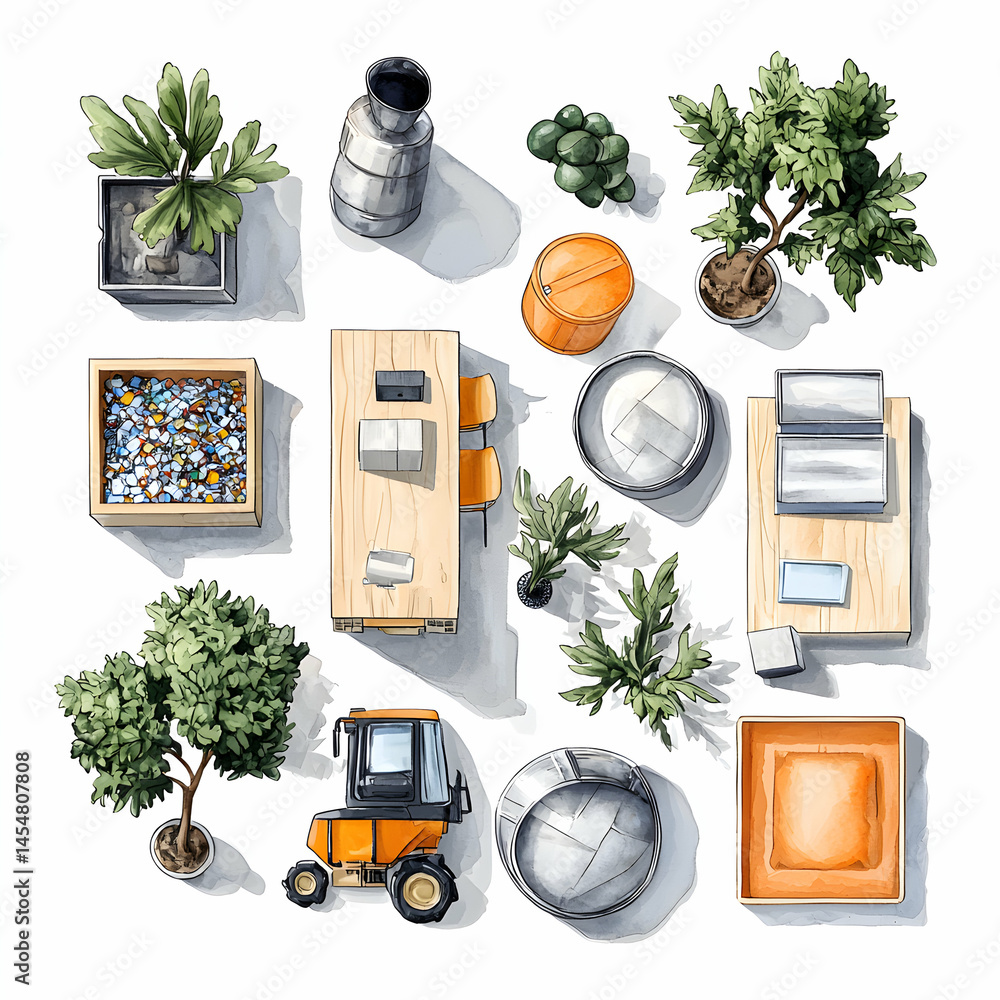 Poster architectural illustration showcasing a top-down view of various objects and elements suitable for i