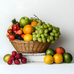 Assortment of fresh fruits in a woven basket against white background