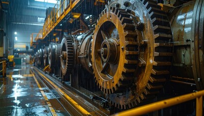 Obraz premium Industrial machinery in a factory during rainfall with wet surfaces