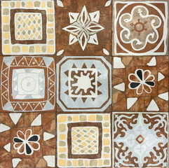 Colonial heritage patterned tiles in random floral, star, ornamental, engraving, and other abstract...