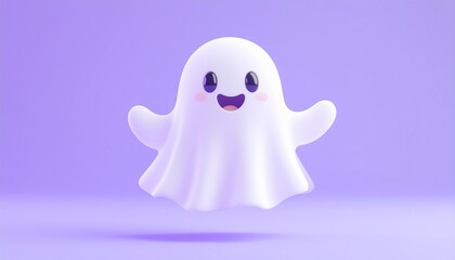 Obraz premium Smiling kawaii ghost floating on pastel purple background, cute wallpaper concept.