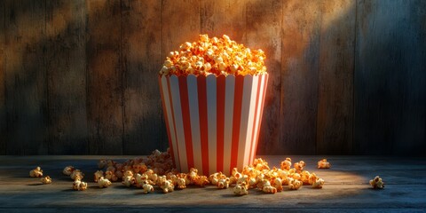 Vibrant popcorn bucket overflowing with fresh popcorn on rustic wooden surface in warm light