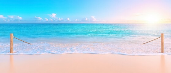Serene Beach Sunset  Ocean Waves  Sandy Shore  Wooden Posts
