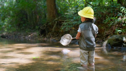 A young Asian child wearing a yellow hat and vest explores a forest stream with a fishing net, surrounded by lush greenery on a Sunny Day, ready to Discovering the wonders of nature