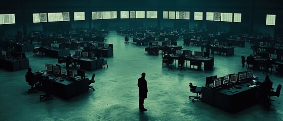 Empty office space, a lone figure.