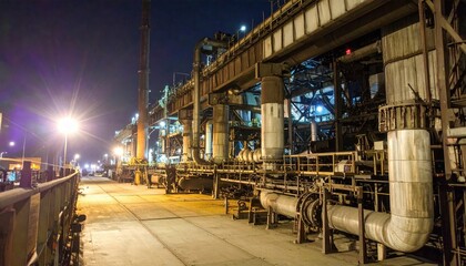 Industrial Facility at Night with Pipes and Machinery under Lights