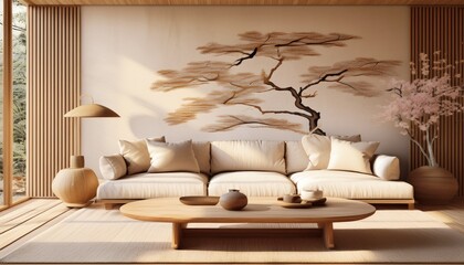 Helles Japandi-Wohnzimmer mit Holz und Leinen