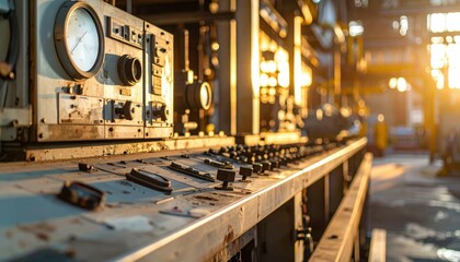 Industrial Control Panel with Dials and Levers during Sunset Glow