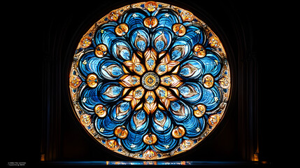 Intricate stained glass rose window with blue and gold patterns in low lighting