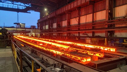 Obraz premium Glowing Metal Bars in Industrial Facility During Manufacturing Process