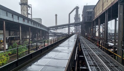 Industrial Landscape with Conveyors and Machinery in Rainy Weather