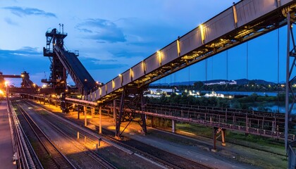 Obraz premium Industrial Landscape at Dusk with Conveyor Belt and Machinery