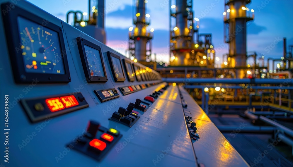 Poster control panel showing gauges and buttons in an industrial setting