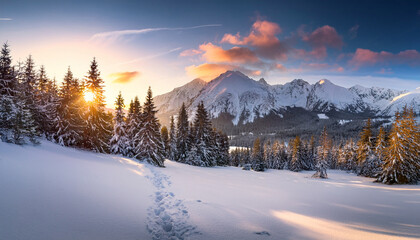 Fototapeta premium sunrise intatra mountains at snowy winter poland