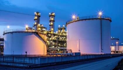 Obraz premium Industrial Complex with Storage Tanks and Bright Lighting at Dusk