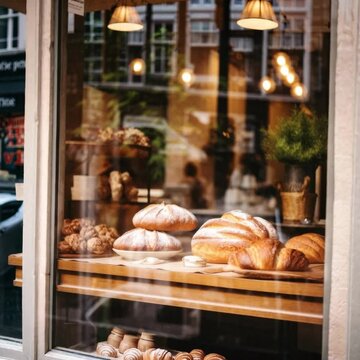 Warm, inviting bakery storefront video, shot from a street-level angle, showcasing fresh bread and pastries through a glass window display.