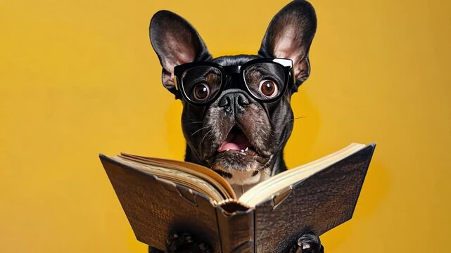 Funny Surprised French Bulldog Wearing Glasses Reading a Book on Yellow Background, Humorous Animal Education Concept