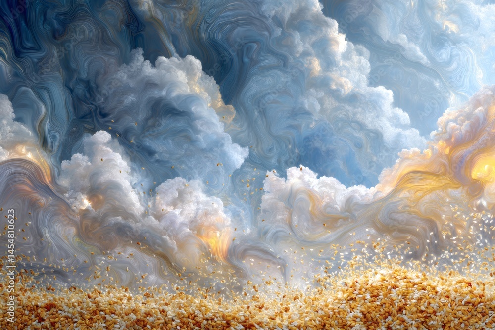 Wall mural dramatic sky view with layered cloud formations above a field. the clouds are illuminated by sunligh