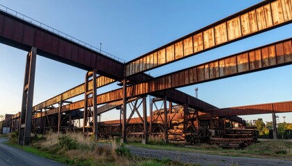 Obraz premium Abandoned Industrial Structure with Rusty Metal Beams at Sunset