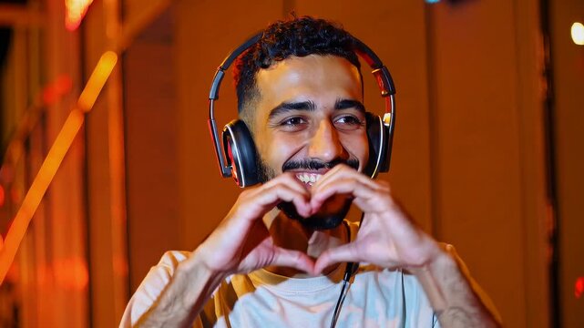 Smiling young man listening to music with headphones, making heart gesture with hands in vibrant city nightlife