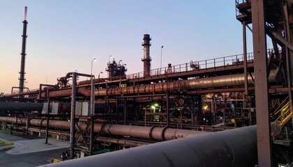 Naklejka premium Industrial Facility at Dusk with Complex Pipe Network and Smokestacks