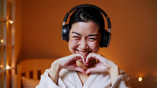Smiling woman listening to music with headphones, making heart gesture with hands in cozy bedroom setting