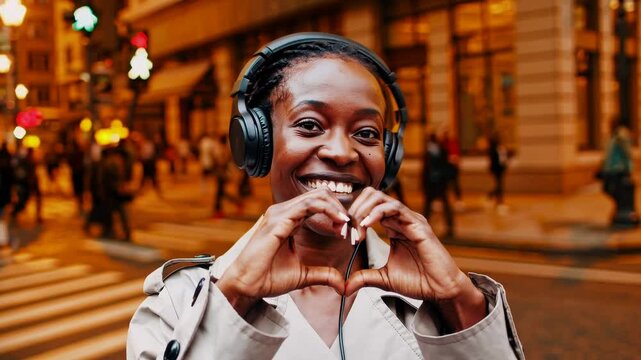 Smiling woman with headphones making heart gesture with hands on busy city street at night