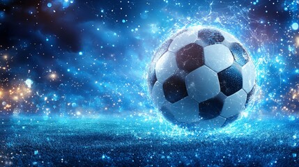 Fototapeta premium Celestial Football: A soccer ball is enveloped by brilliant ethereal lights in a dramatic, magical, and vibrant scene.