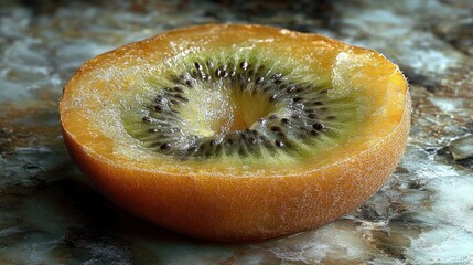 Close-up of a halved kiwi, showcasing its vibrant interior