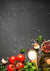 Healthy food background on black stone table.