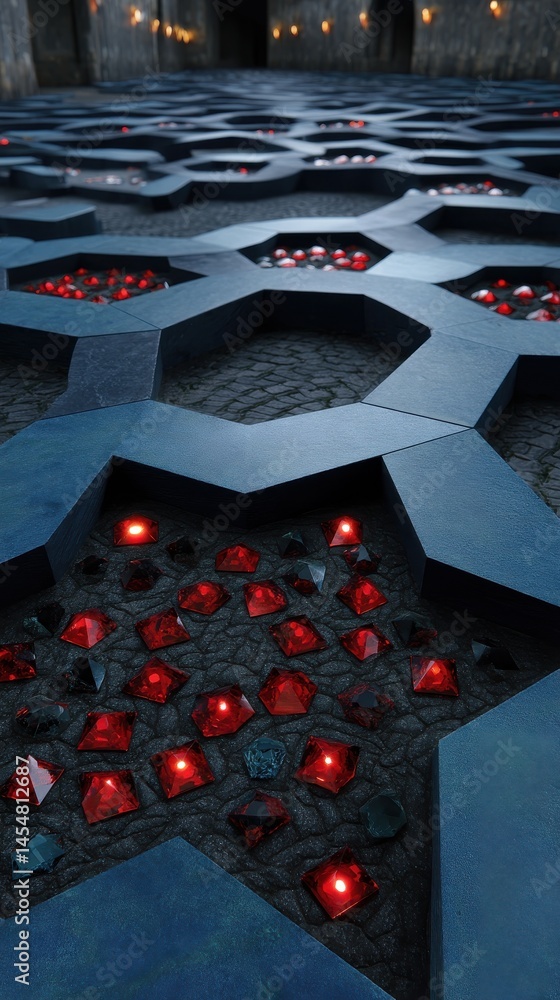 Poster abstract geometrical floor with hexagonal shapes and shiny gemstones, creating a dark and moody atmo