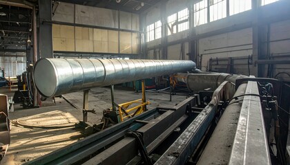 Naklejka premium Industrial Workshop with Large Metal Pipe and Machinery Inside