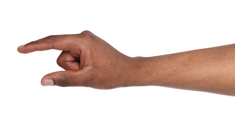 Black male hand measuring invisible items, man's palm making gesture while showing small amount of something on white isolated background