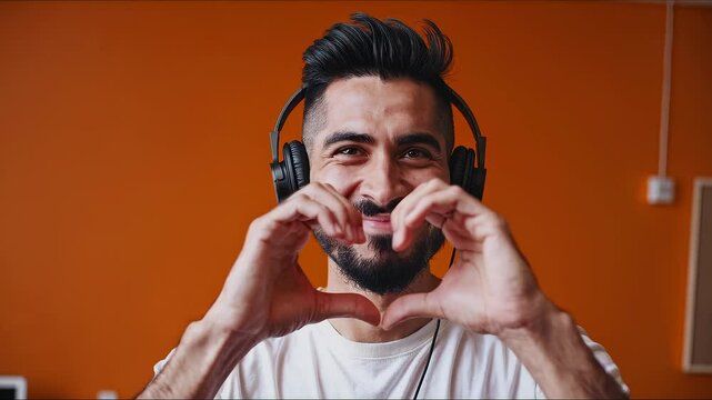 Smiling man with headphones making heart gesture with hands in front of vibrant orange wall