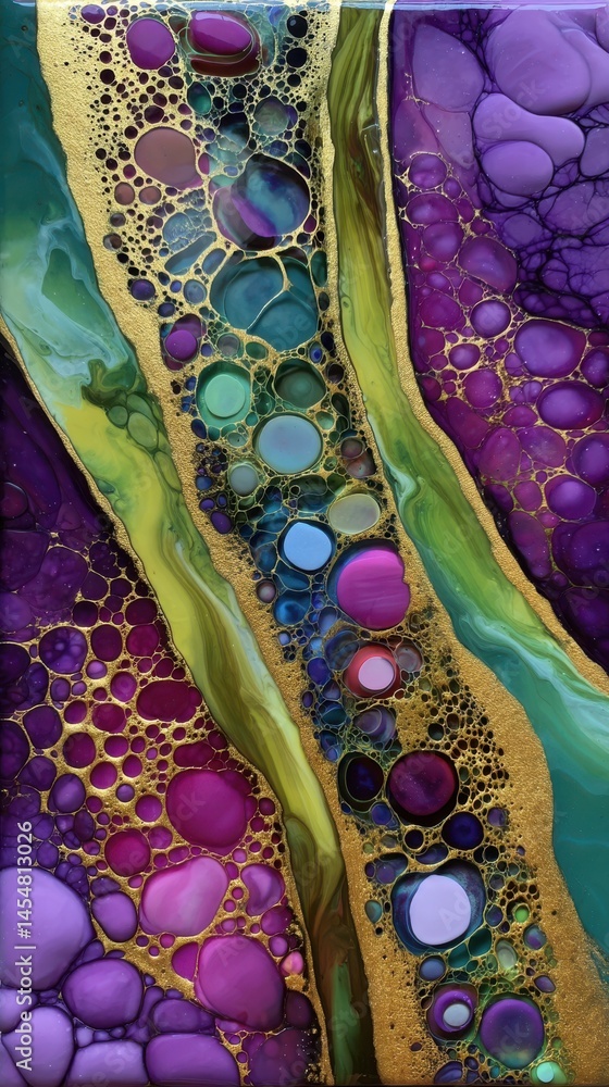 Poster abstract fluid art featuring vibrant colors and golden textures creating a modern, artistic composit
