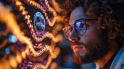 Scientist observing an ancient fossil come to life through genetic sequencing with holographic DNA strands surrounding the fossilized creature The lab glows with the light of the projection