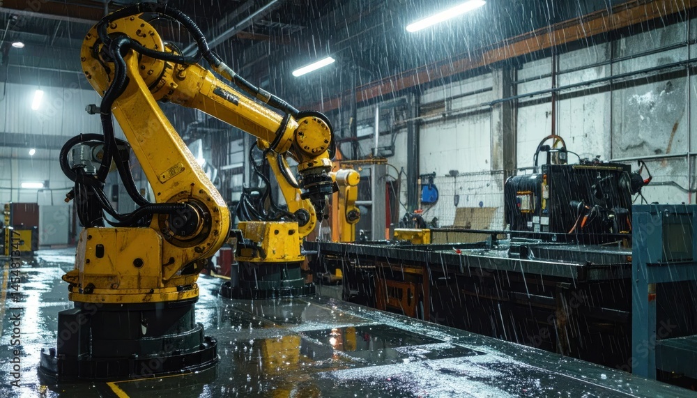 Poster industrial robotics in action under artificial rain environment