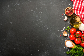 Kitchen table with ingredients for cooking..